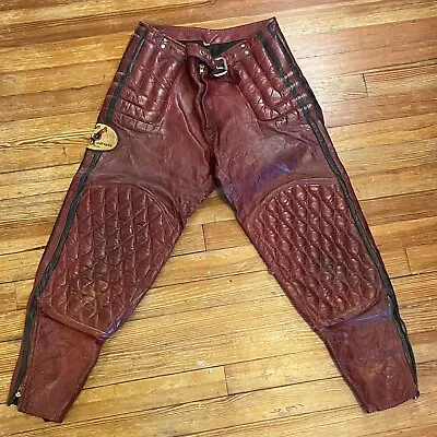 Vintage 70s Chicken Leathers Padded Motorcycle Pants Riding Size 34 Belted 32x27 • $300