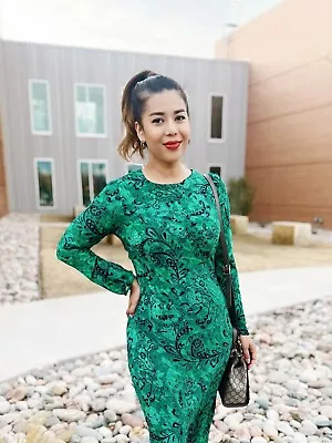 $45 • Buy Zara Nwt Woman Long Printed Fitted Dress Green Ref 7969/268 Size M, L
