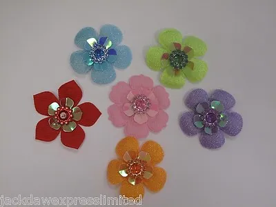 5 X Fabric Flower With Gem Centre Embellishment Cardmaking Sewing Topper • £4.10