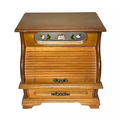 Vintage Wooden Jewellery Box Case Writing Bureau Roll Top With Mirror Design • £24.99