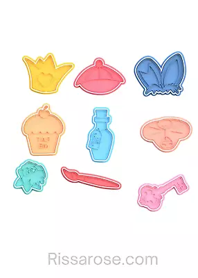 Alice In Wonderland Elements Cookie Cutter Stamp Crown Hat Bunny Ears Eat Me Dri • £74.07