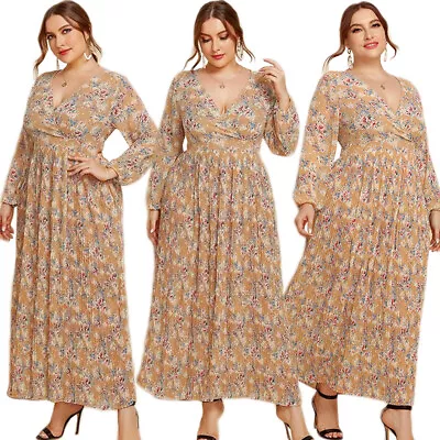 Women Maxi Dress Floral V-Neck Abaya Long Sleeve Kaftan Beach Sundress Plus Size • $57.71