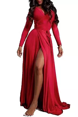 Vivicastle Women's Sexy Long SLV Tulip Wrap Slit Front Full Maxi Dress RED Large • $12.99