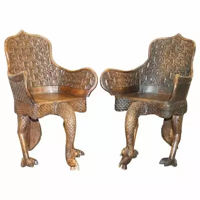 Pair Of Ornate Burmese Anglo Indian Hand Carved Circa 1880 Peacock Armchairs • $5416.19