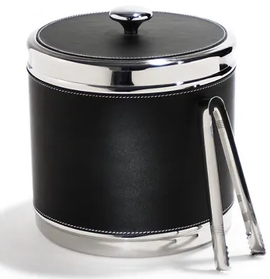 Metrokane Retro VIP Ice Bucket Black Faux Leather Stainless Steel With Tongs • $60.34