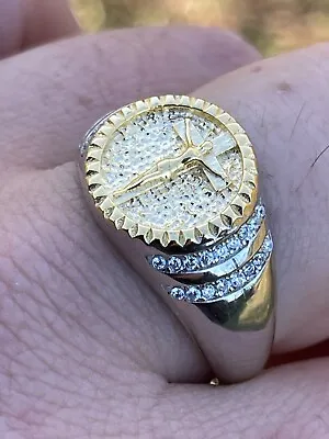 Mens Solid 925 Sterling Silver 14k Gold Plated Coin Ring Jesus On Cross Nugget • $36.34