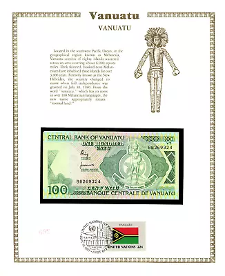 Vanuatu 100 Vatu 1982 P-1a UNC W/FDI UN FLAG STAMP BB269324 • $8.75