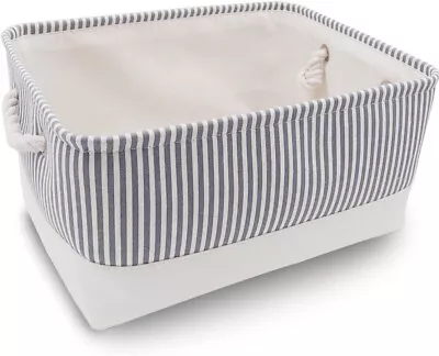 Foldable Canvas Storage Box / Basket With Handles Toys Grey Stripe 45x35x25cm • £8.97