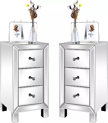 3-Drawer Mirrored Nightstand Set Of 2 End Table Bedside Table Glass Nightstan • $276.99