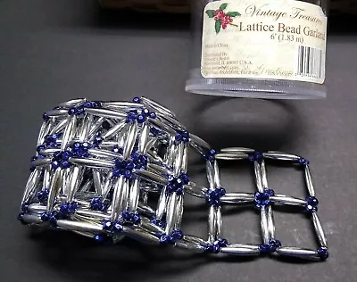 Lattice Bead Christmas Garland 6 Feet Silver Navy Blue Holiday 1.25  Square NEW • $12.95