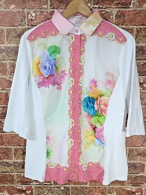 Nara Camicie Italy Sz 7 US 16 Blouse Top 3/4 Sleeves White Pink Floral Collared • $24.95