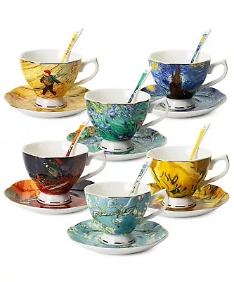 Tea Cups And Saucers Set Of 6 (8 Oz) Porcelain Tea Cup Set With Spoon • $62.87