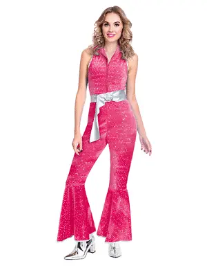 Adult Ladies 60s 70s 80s Fancy Dress Jumpsuit Costume Retro Disco Hen Night Pink • £21.99