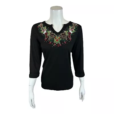 Quacker Factory Embroidered Holiday Split-V 3/4-Sleeve Top Black 2X Plus Size • $119.99