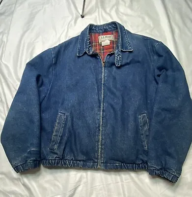 Vintage LL Bean Men's Denim Bomber Jacket Plaid Quilt Lined Size L Made In USA • $39.99