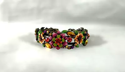 Vintage Enamel Flowers Rhinestone Multicolor Cuff Bracelet • $21.95