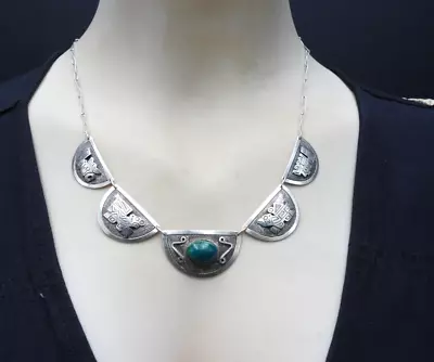 Antique Necklace Turquoise Chain Link Mayan Solid 900 Sterling Silver Jewelry • $116.99