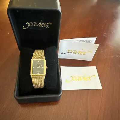 Vintage XAVIER Tank  Quartz Watch Gold Plated Case Black Dial Diamond • $125