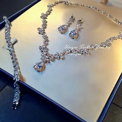 Simulated Diamond Necklace Earring Bracelet Set 18K Platinum Plated Bridal Jewel • $134.10
