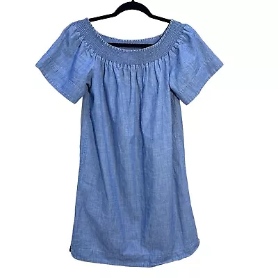 J.Crew Womans Blue Off The Shoulder Chambray Beach Smocked Dress Size 4 • $16.98