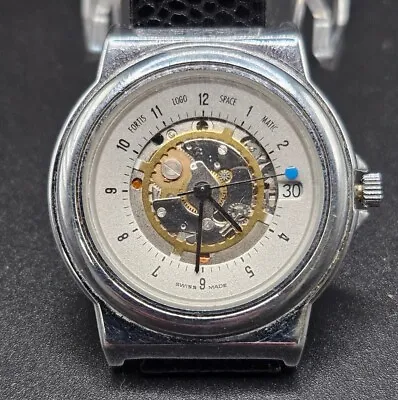 Fortis Spacematic Skeleton Watch 425.20.99 Chrome W/ Black Leather Vintage Swiss • $250