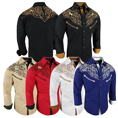 Mens Western Shirt Floral Embroidered Horses Front Back Snap Up Rodeo Fashion • $39.95