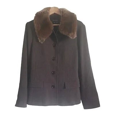 ZARA Blazer Jacket Brown Wool Detatchable Faux Fur Collar Belt Size 12 • $32.38