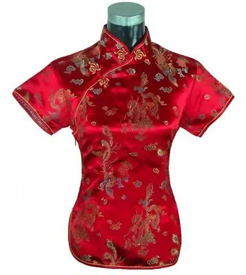 £17.99 • Buy UK Chinese Red Dragon & Phoenix Satin Short Sleeve Top Shirt  Blouse Fast Post