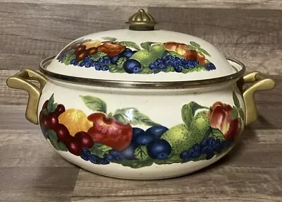 EUC Vintage Lincoware Enameled 8  2 Quart Dutch Oven Pot Casserole Fruit Pattern • $22