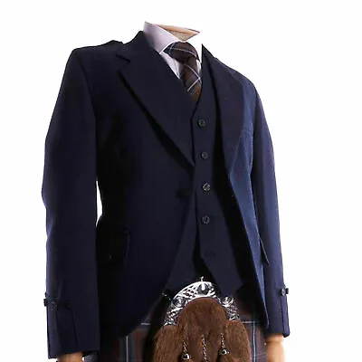 £52.99 • Buy 100% WOOL Argyle Kilt Jacket & Waistcoat/Vest, Scottish Argyle Jacket Navy Blue