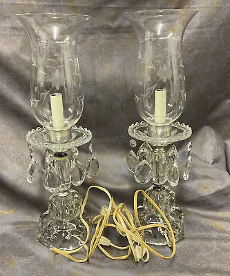 Pair Of Vintage Crystal Glass Hurricane Table Lamps With Crystal Prisms Lusters • $140