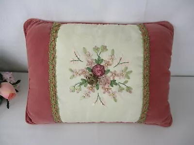 Vintage Pink Velvet Victorian-Style Ribbonwork Boudoir Throw Pillow 16  X 11.5  • $29.99