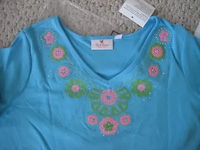 Quacker Factory Size XL 3/4 Sleeve TOP French Blue Embroidery & Crochet Trim NWT • $29.95