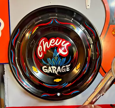 Vintage CHEVY GARAGE Hot RAT Rod Painted Hubcap SHOP SIGN Pinstriped Wall Art • $79