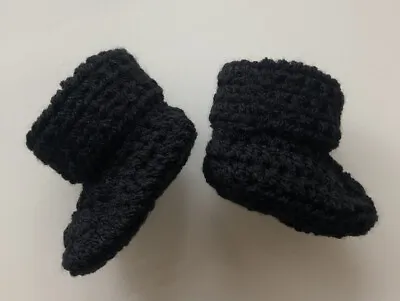 £5.99 • Buy Handmade Crocheted/Knitted Baby Cuffed Booties 0-3,3-6 & 6-9 In Black