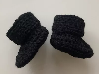 £5.99 • Buy Handmade Crocheted/Knitted Baby Cuffed Booties 0-3,3-6 & 6-9 In Black