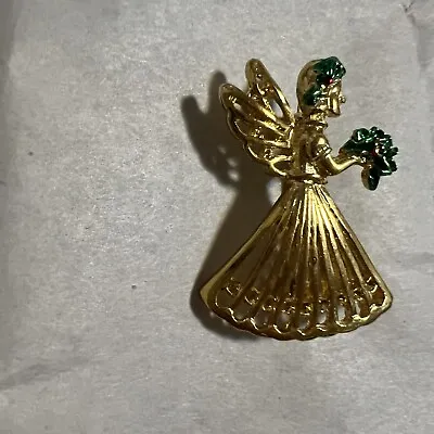 Vintage Angel Fairy Holy Mistletoe Holiday Christmas Brooch Gold Green Jewelry • $7.62