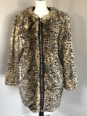 ZARA Zip Up Leopard Print FAUX FUR Winter JACKET - Size L - Coat • $45