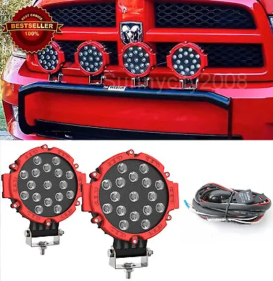 Pair 7” Red Bezel LED 51W 5100LM Round Flood Pods Off Road Fog Light W/ Wiring • $39.90