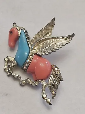 Vintage Unsigned Pegasus Brooch Rhinestone Turquoise Coral Used Condition F7 • $50