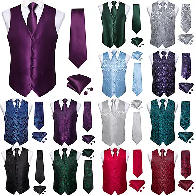 Mens Waistcoat Purple Gold Paisley Christmas Vest Suit Tie Set Hanky Wedding 3XL • $23.99