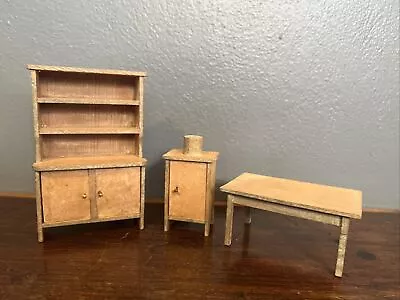 Vintage 3 Piece German Wooden Furniture For Dollhouse ~ Hutch Cabinet Table • $30