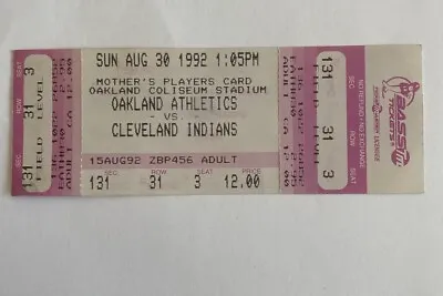 Oakland A’s Ticket Stub VS Cleveland Indians August 30 1992 🎟⚾️🎟 • $1.74