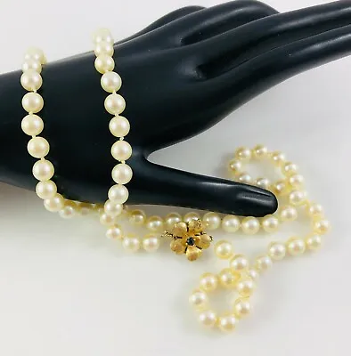 Vintage Pearl Necklace Single Strand W/14K Yellow Gold & Sapphire Flower Clasp • $390.99