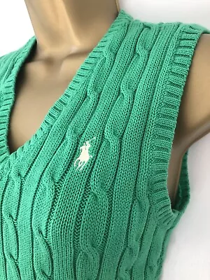 Ralph Lauren Sport Green Cable-knit Tank Top V Neck Vest White Pony Size S UK 8 • £29.90