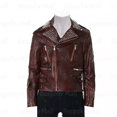 New Men's Brando Maroon Silver Spike Studded Zippered Cowhide Leather Jacket-261 • $330.59