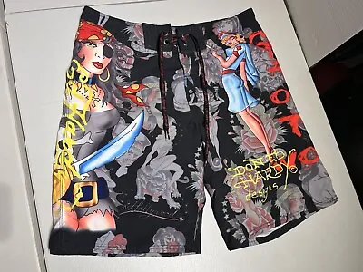 Ed Hardy Shorts Men's 36 Girl's Allover The World Art Swim Trunks Board VTG Y2K • $59.50