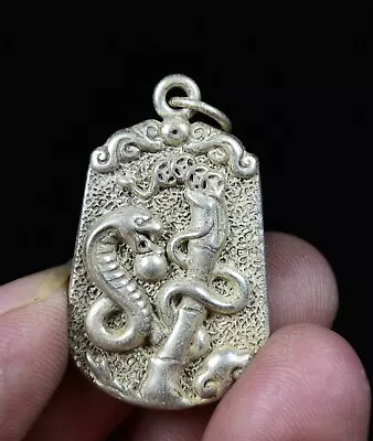 3.5CM Rare Old China Miao Silver 12 Zodiac Year Snake Luck Necklace Pendant • $15