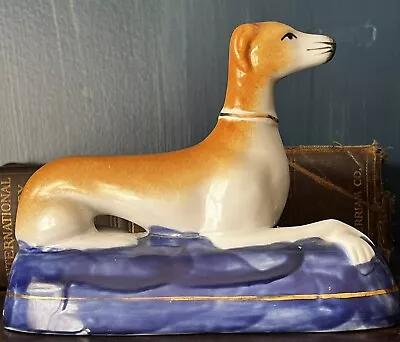 Vintage Antique Staffordshire Whippet Greyhound Dog Figurine Cobalt Blue Base • $35