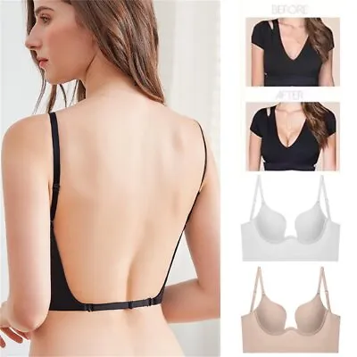 Women's Low Back Bra Wire Lifting Deep U Shaped Plunge Backless Push Up Bras • £10.25